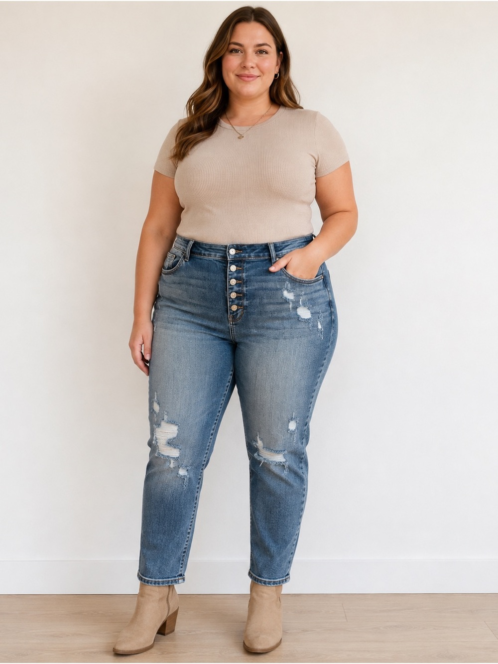 Judy Blue 14W Distressed Button Fly Boyfriend Jeans Medium Wash Denim Stretch